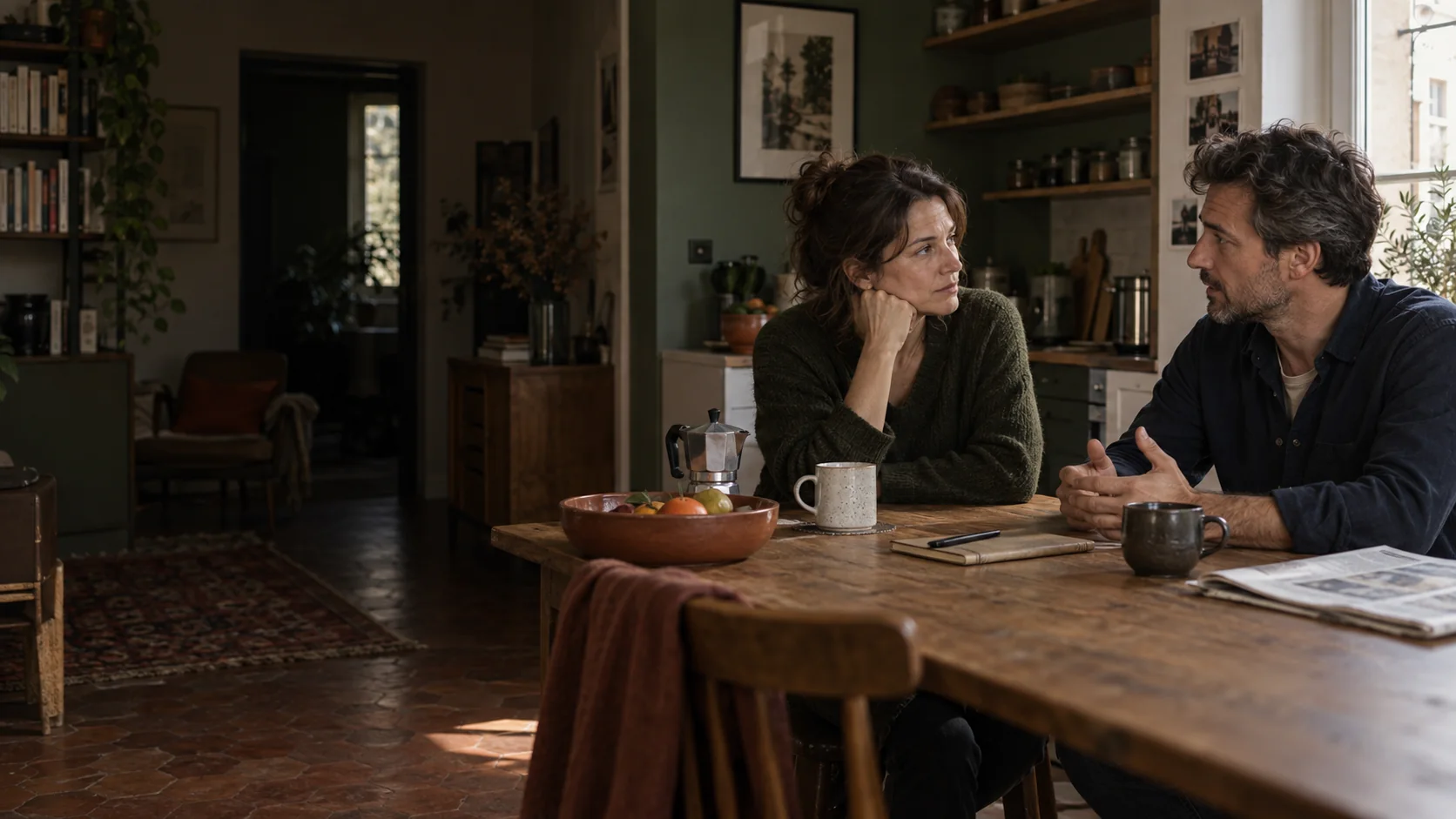 Un homme et une femme prennent le temps de s’écouter autour d’une table de cuisine.