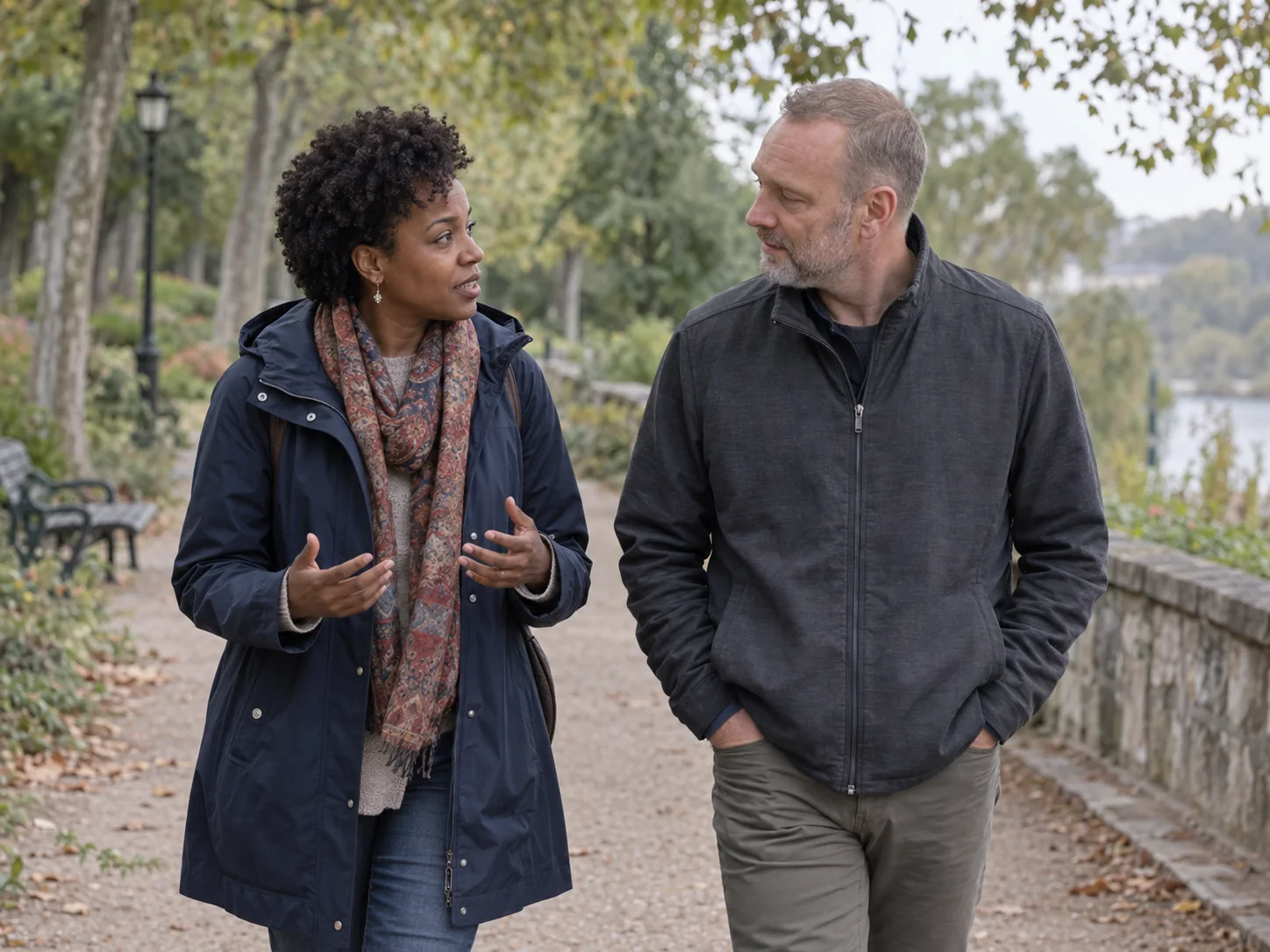 Un homme et une femme échangent en marchant sur un chemin bordé d’arbres.